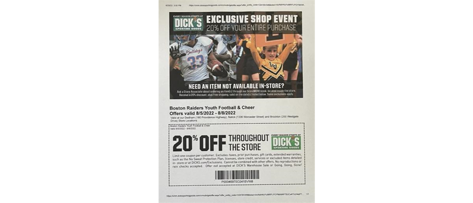 Boston Raiders 20% off Shop Event - 08/05-08/08